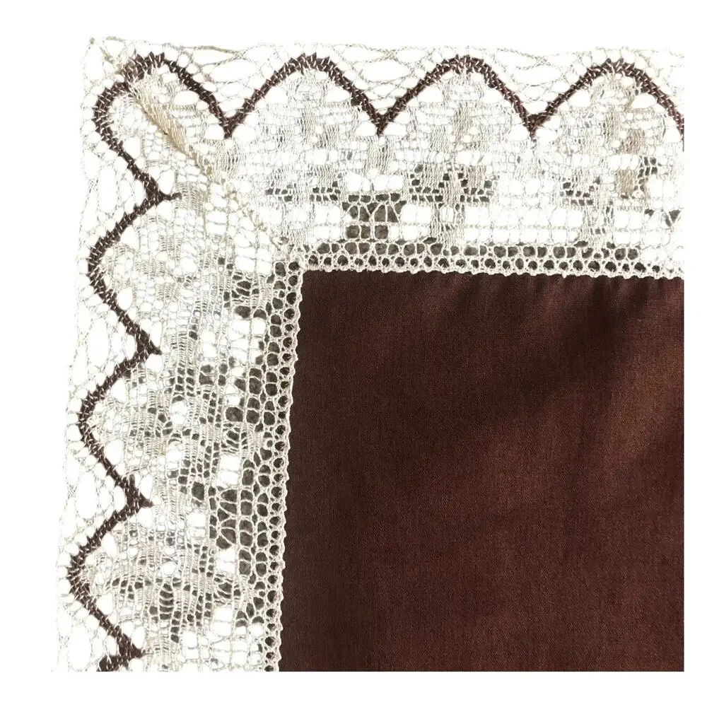 Vintage Brown Linen Centerpiece Handmade Lace Border Cottage Farmhouse Table Top